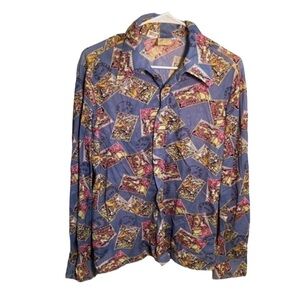 Fragonard Button Down Blouse Light Blue Stamp Artwork XL